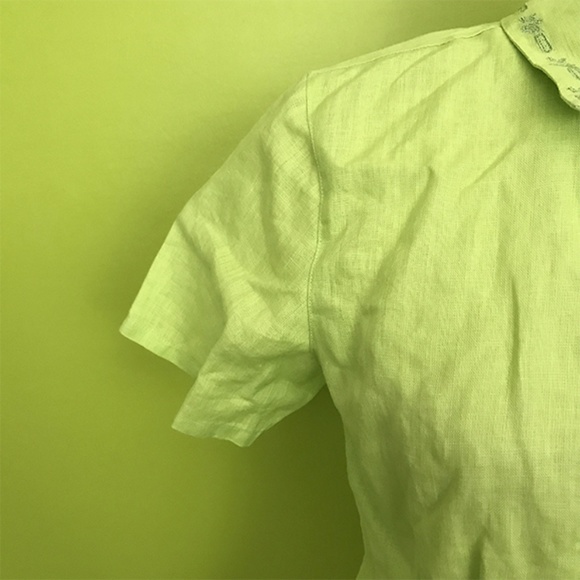 Edward Embroidered Collar Apple Green Linen Top M - Picture 4 of 8