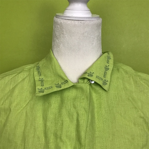 Edward Embroidered Collar Apple Green Linen Top M - Picture 5 of 8