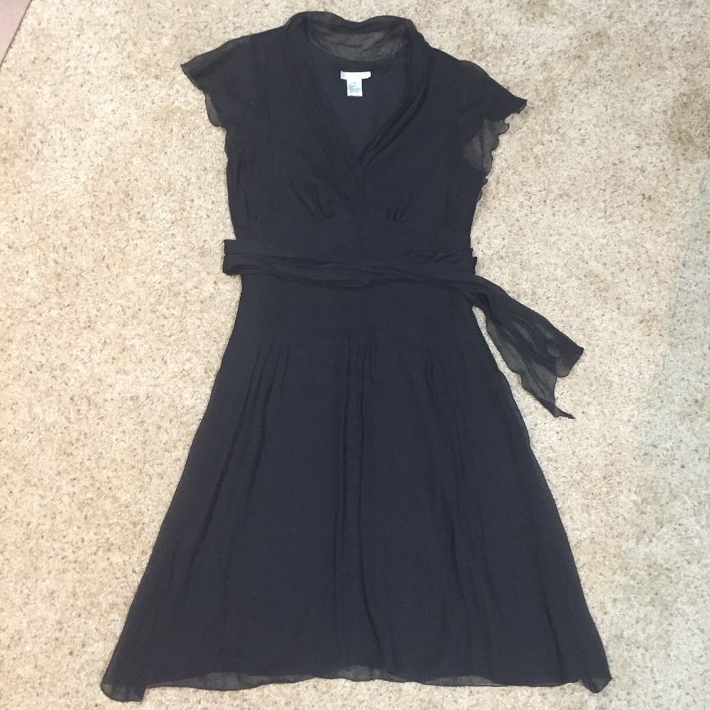 Black chiffon cap sleeve dress with tie sash