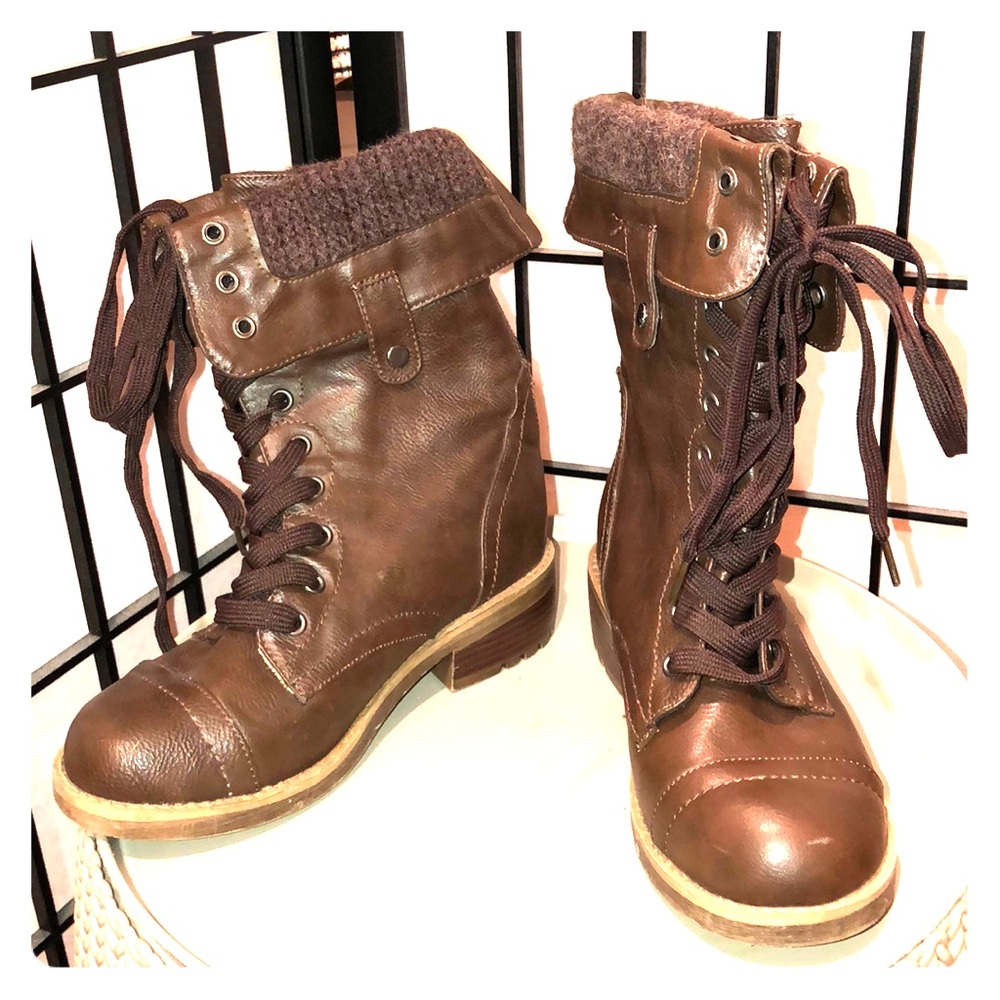 Brown leather combat boots