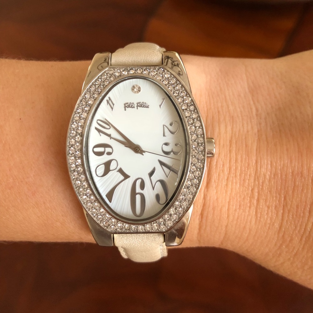 Folli Follie Silver Crystal Stones Leather Watch