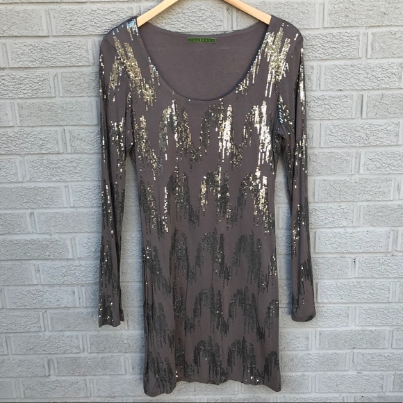 Velvet Dresses & Skirts - Velvet Patterned Sequin Long Sleeve Dress