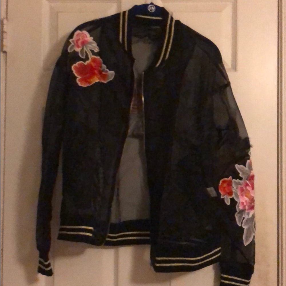 PLUS SIZE Embroidered Sheer Bomber