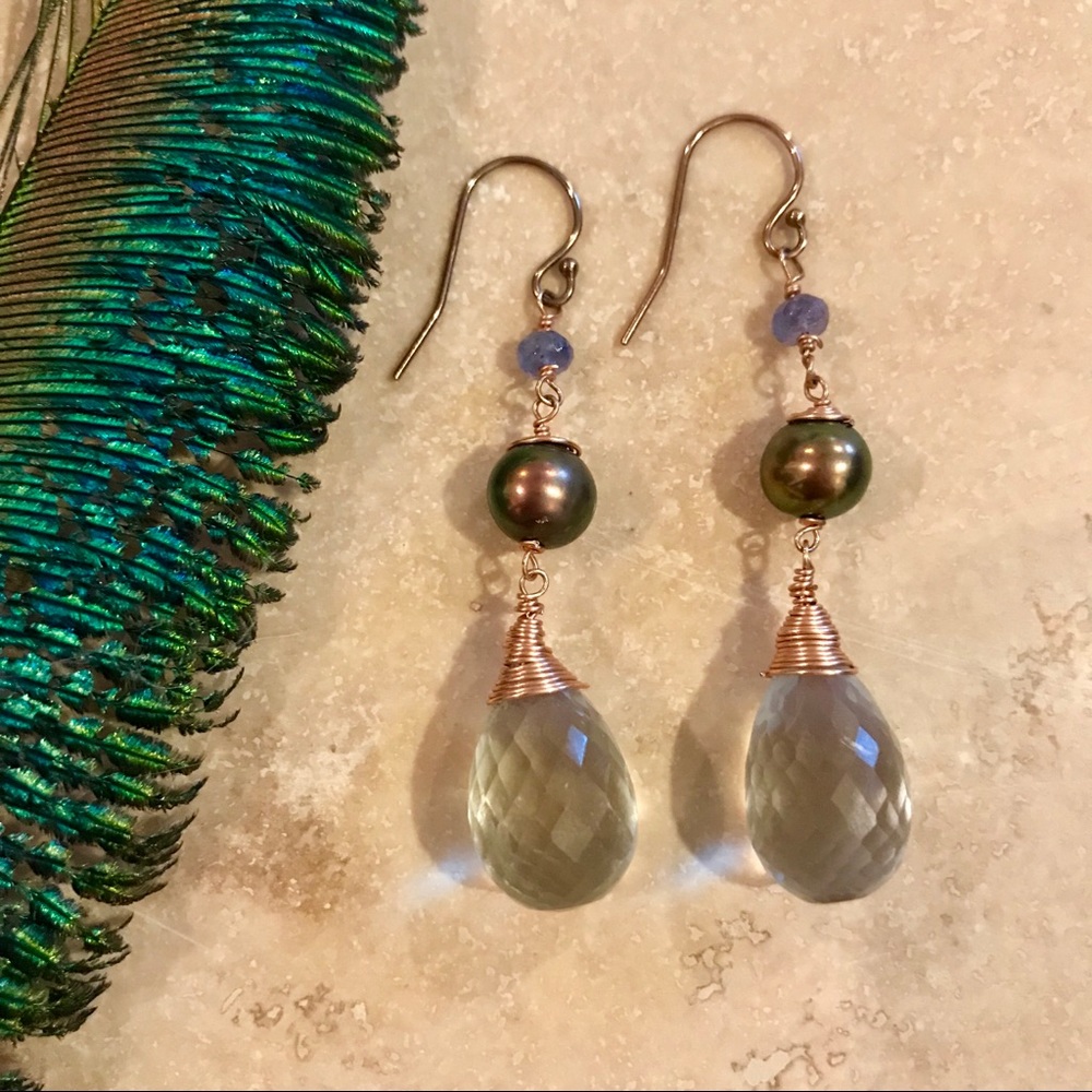 LADY DAISY green amethyst/pearl/tanzanite earrings