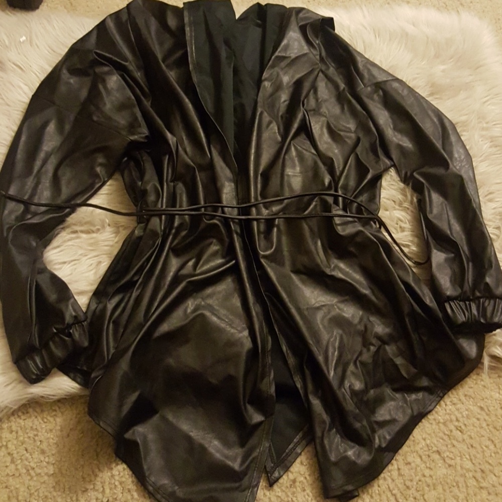 Black leather hoodie jacket