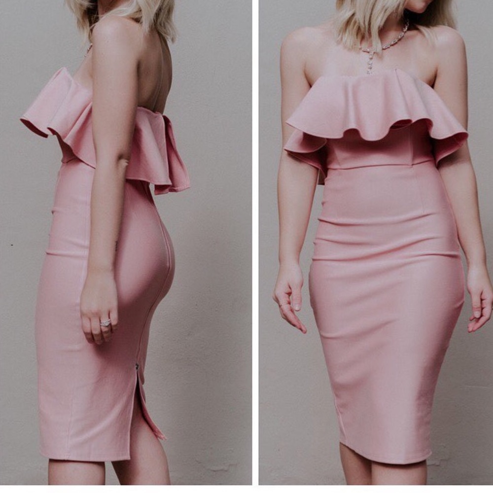 A. Peach strapless dress