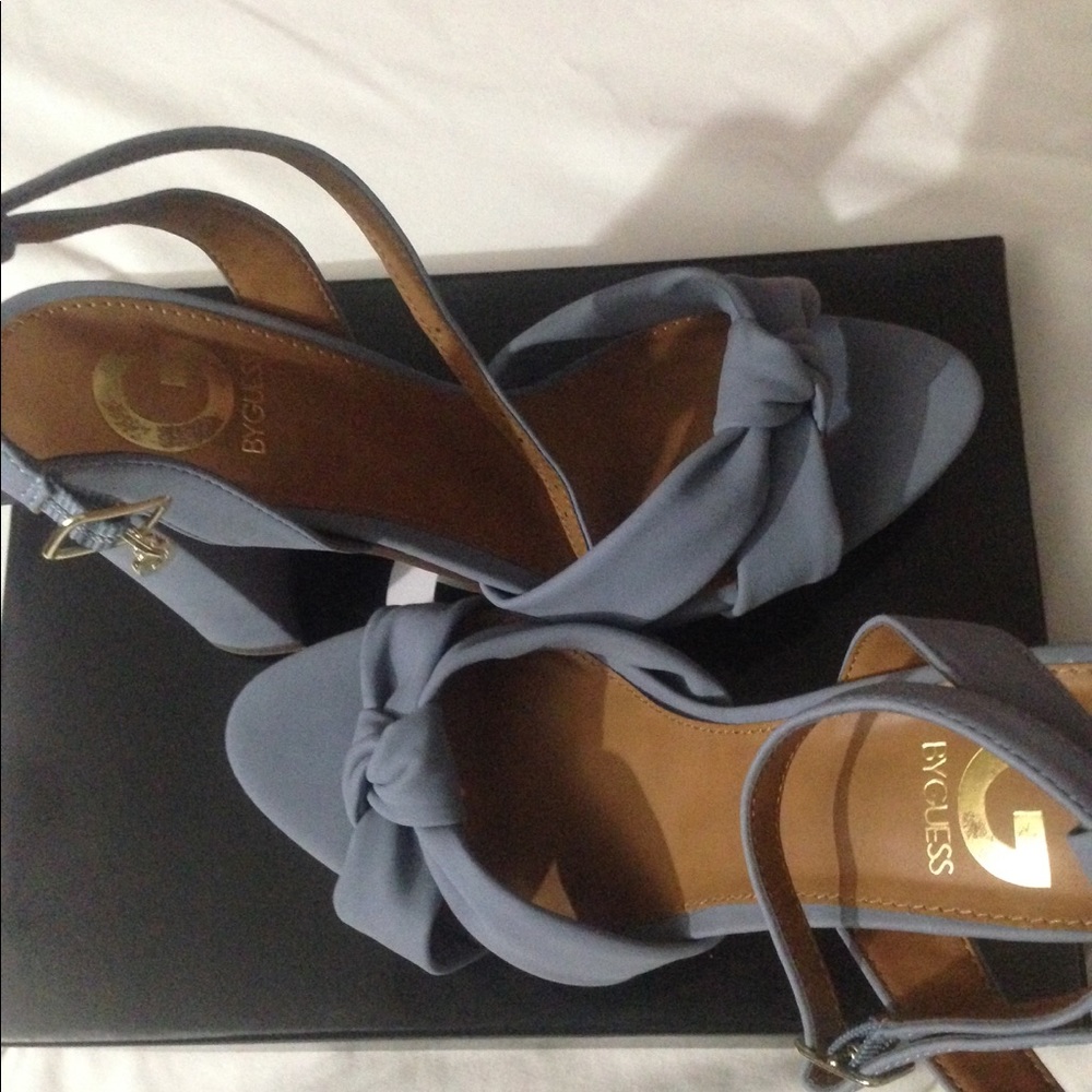 Baby blue suede open toe strap heel- gold accents