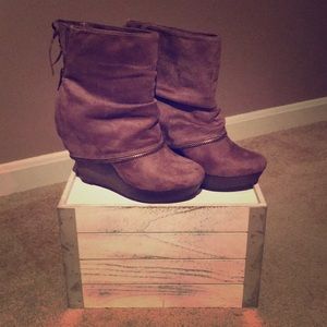 Tan Suede Wedged Booties.