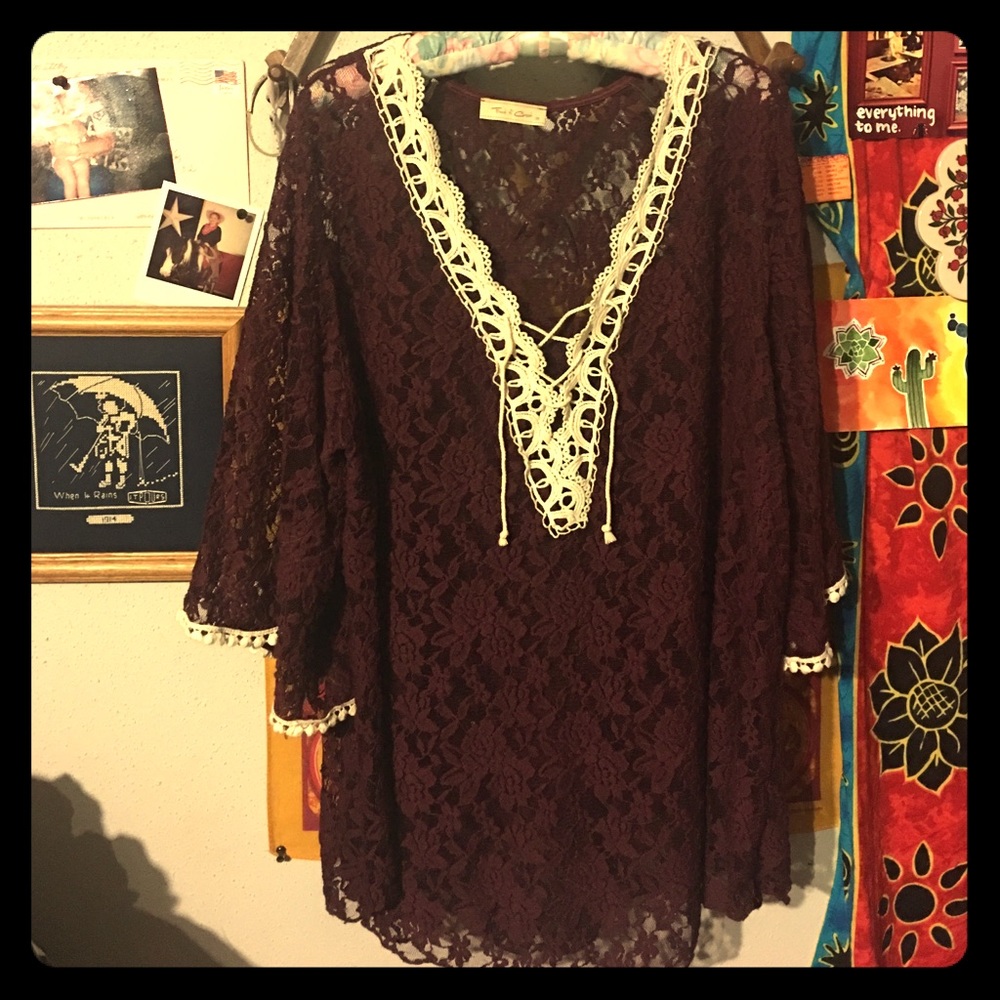 Maroon Lace Shirt With Lace Detailing