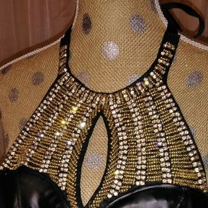 Black pleather dress with gold,silver rhinestones