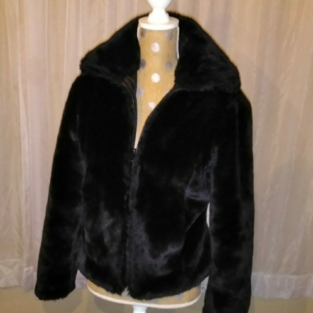 Black faux fur zip jacket.