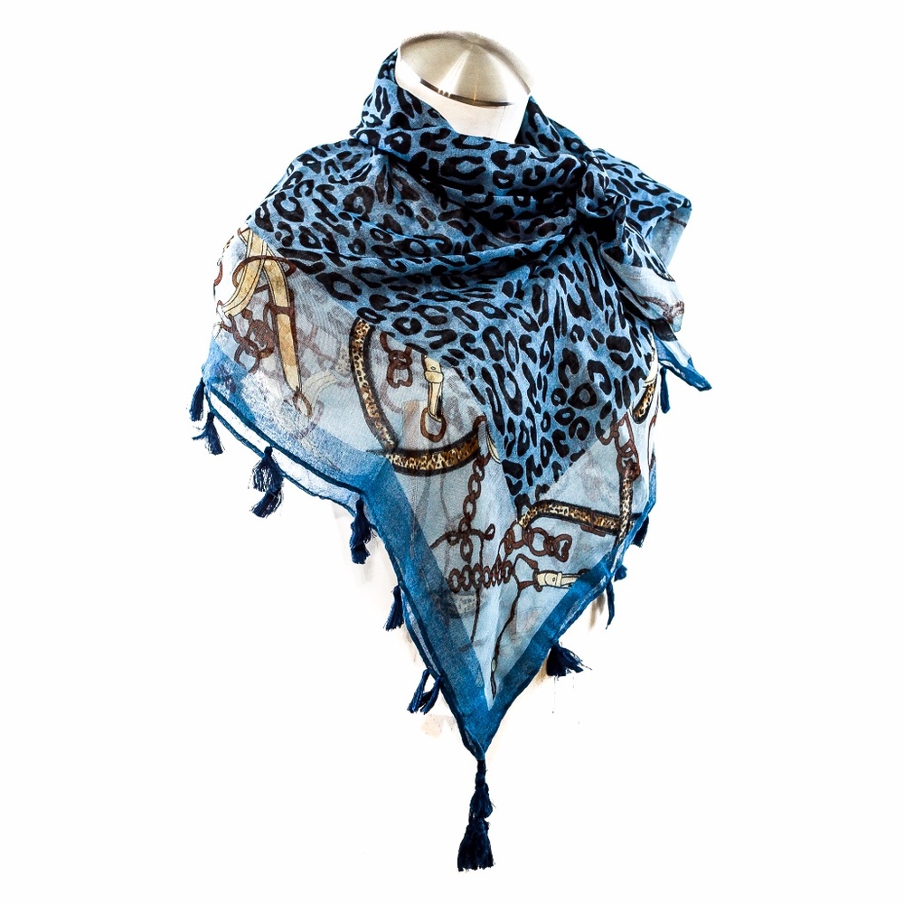 Blue Leopard Marina Anchor Chain Fringe Scarf