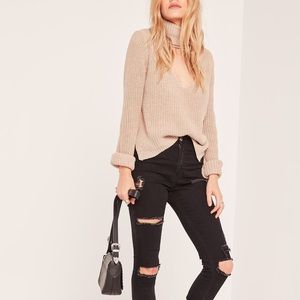 Nude Side Split Turtleneck Sweater