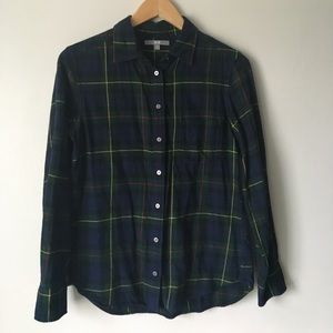 Navy blue flannel with multicolored stripes