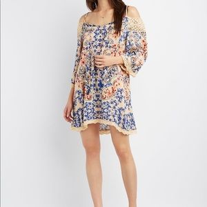 Floral crochet-trim cold shoulder dress