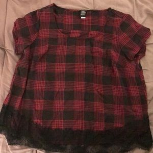 Plus size red & black blouse with lace trim