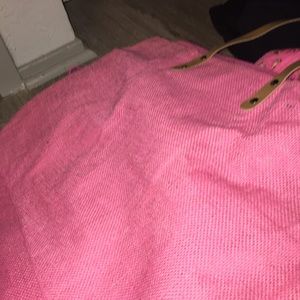 Pink burlap leather straps large tote full zip