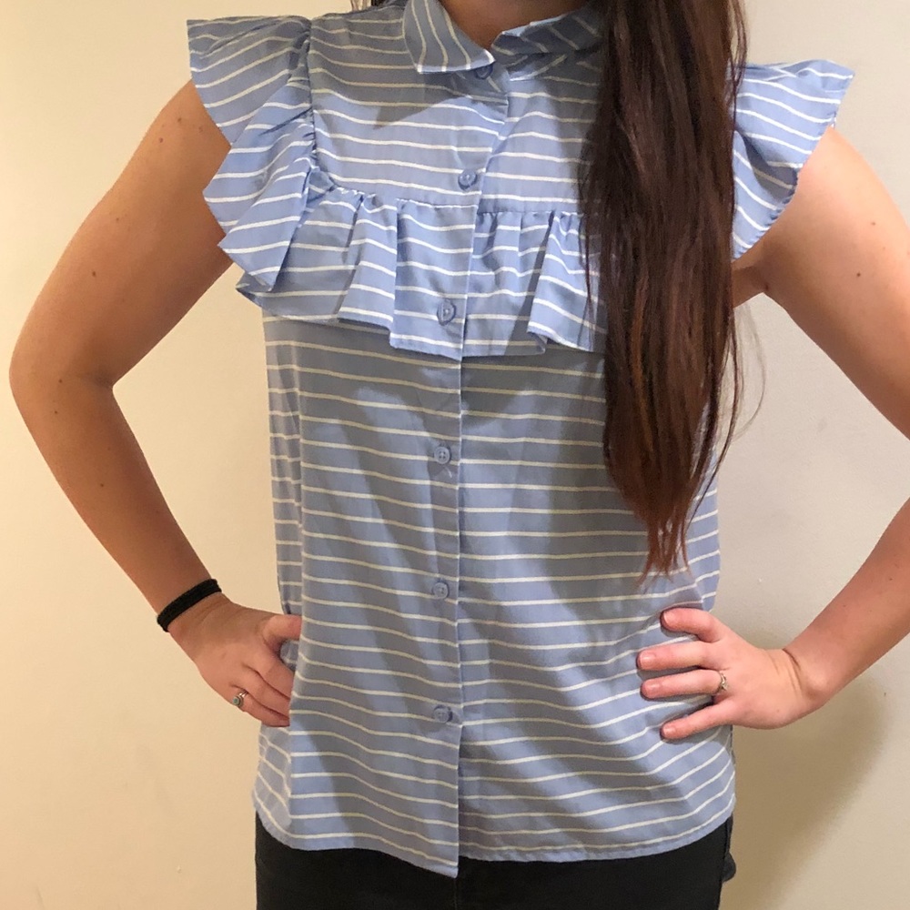 Who What Wear Ruffle Blue and White striped top