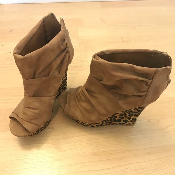 Beige Open Toe Angle Leopard Heel Boots - Picture 2 of 4