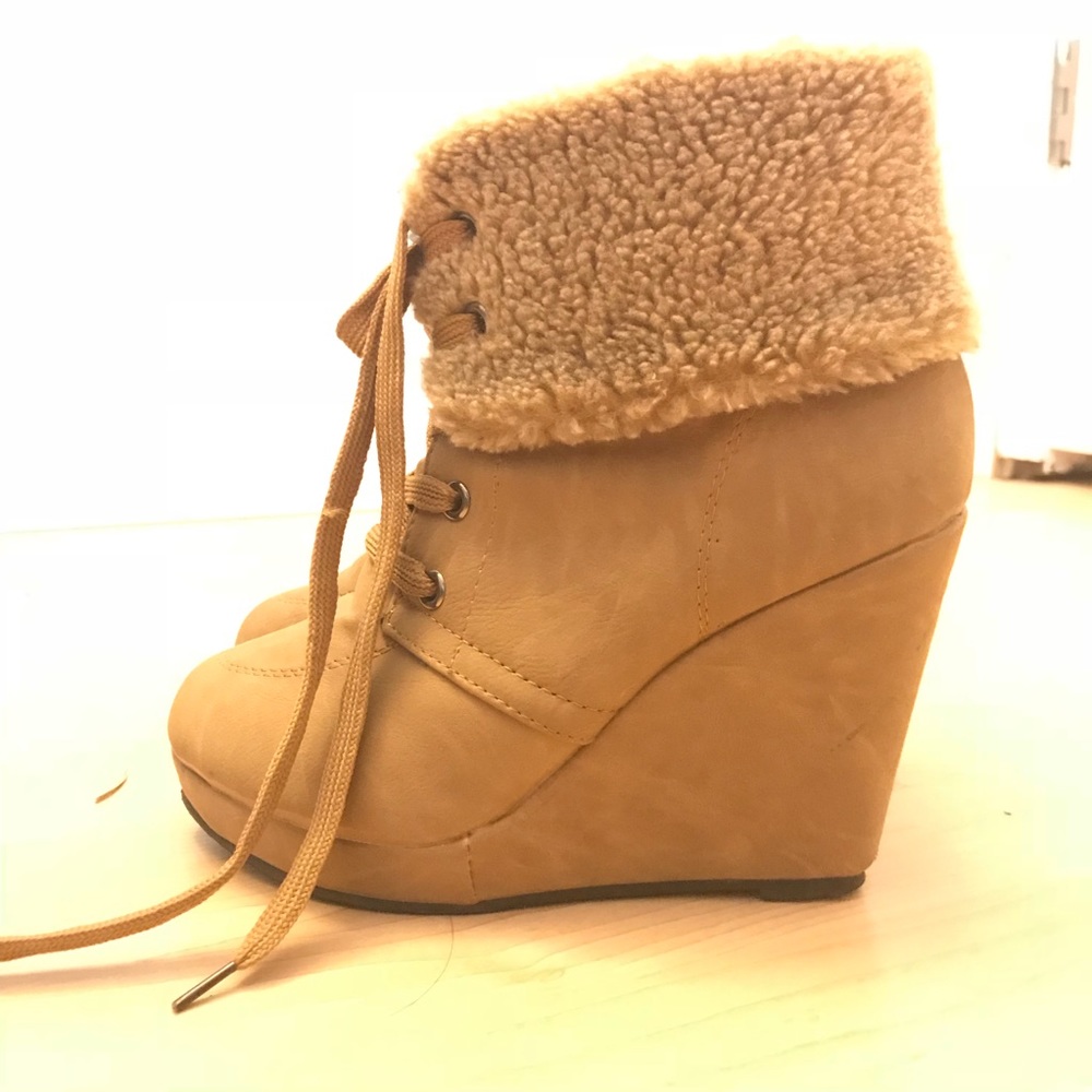 Beige Wedge Lace up Fur Angle Boots