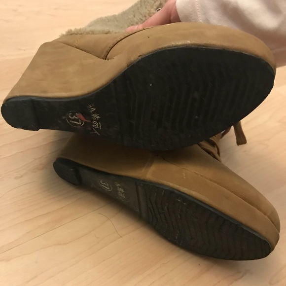 Beige Wedge Lace up Fur Angle Boots - Picture 4 of 4