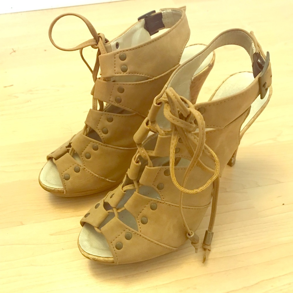beige Lace up heel Sandals