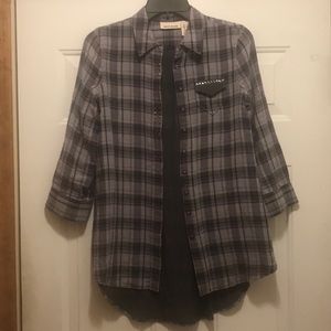 DKNY Stud Detail Button Up Plaid Blouse—Size Extra Small