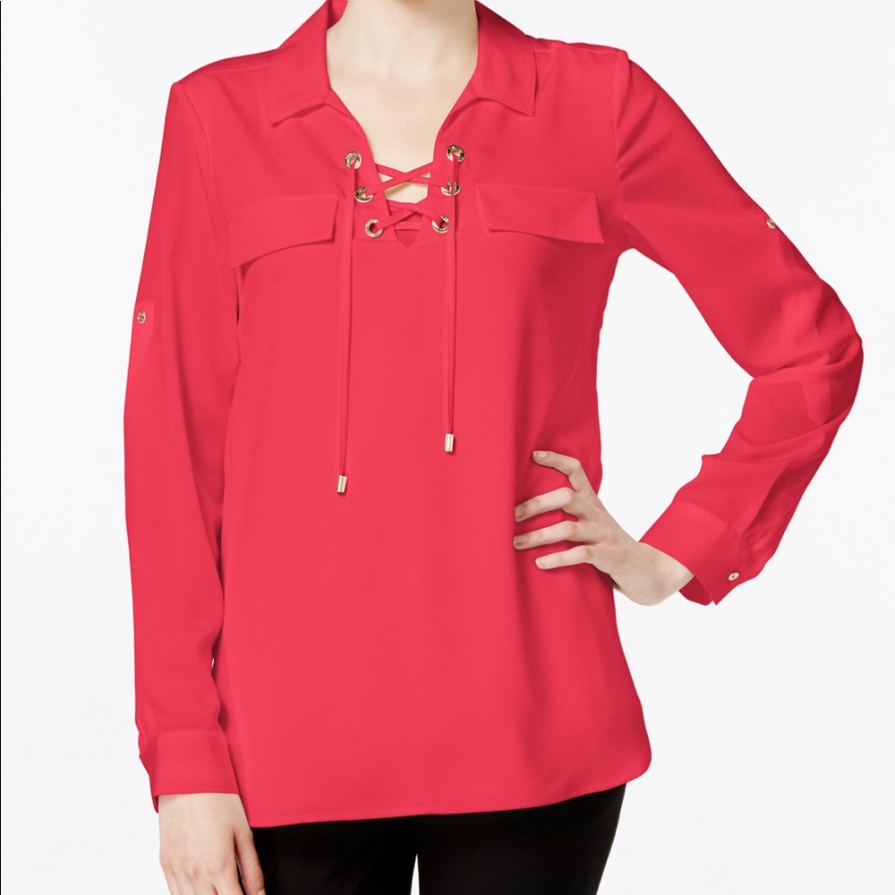 [Calvin Klein] Long Sleeve Lace Up Roll Tab Blouse