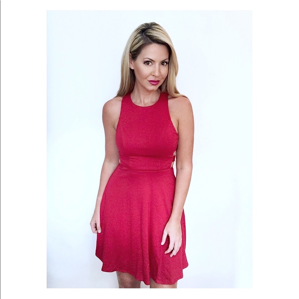 LAST ONE!! Red Knit Side Cut Out Fit & Flare Dress - Picture 3 of 5