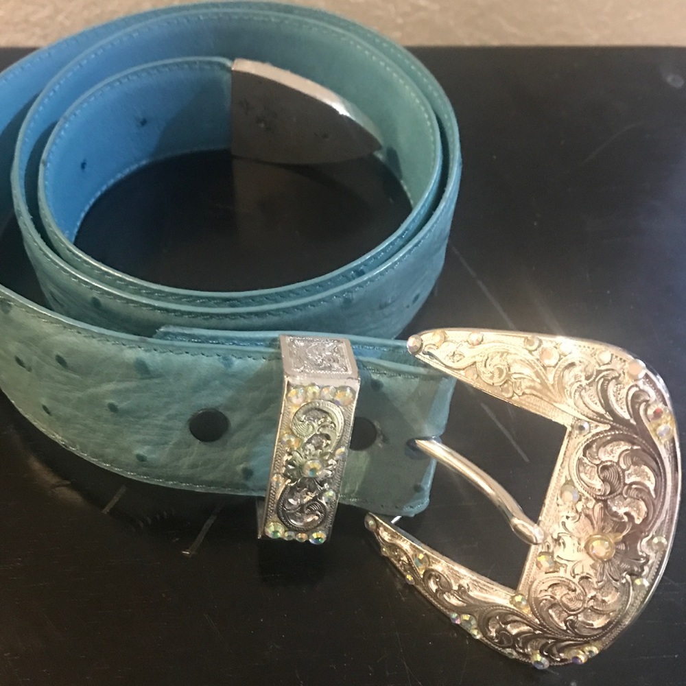 Blue Ostrich belt- Silver Buckle