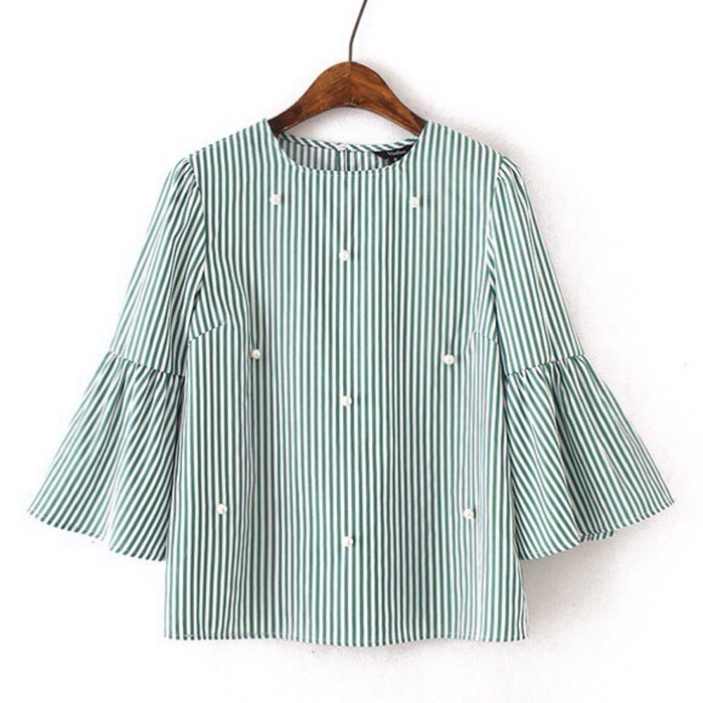 Green and white striped pearl embellished top💚