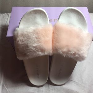 Pink & White Furry Slides