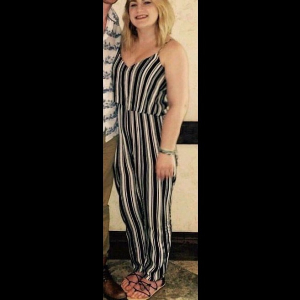 Pink white and black striped romper