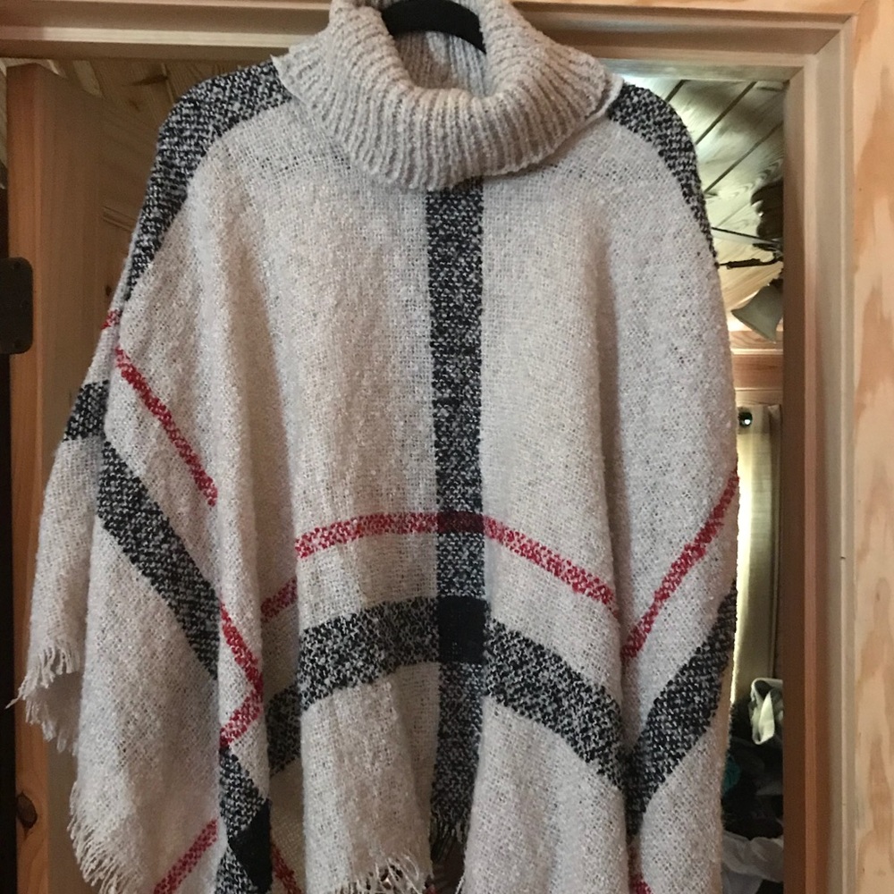 Blue and Red Plaid sweater poncho