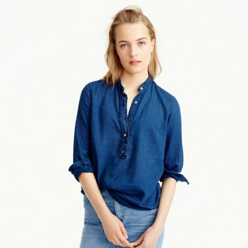 J.Crew ruffled indigo gauze popover, sz 0 (0-6)