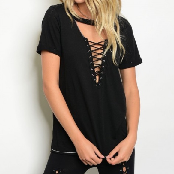 Black lace up t shirt, tie up, choker, sexy - Picture 2 of 5