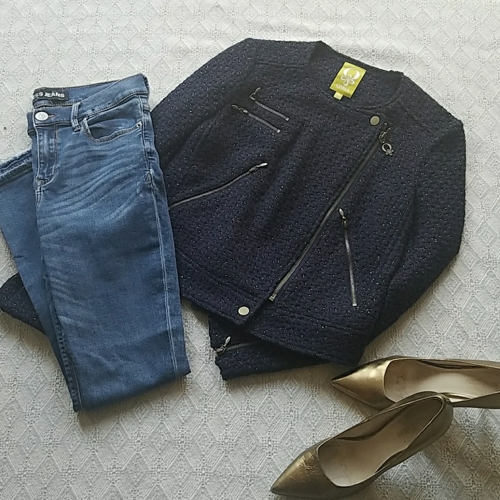NWT Navy and Gold Tweed Moto Jacket