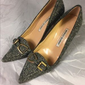 Manolo Blahnik tweed 37.5 heels gray pointy toe