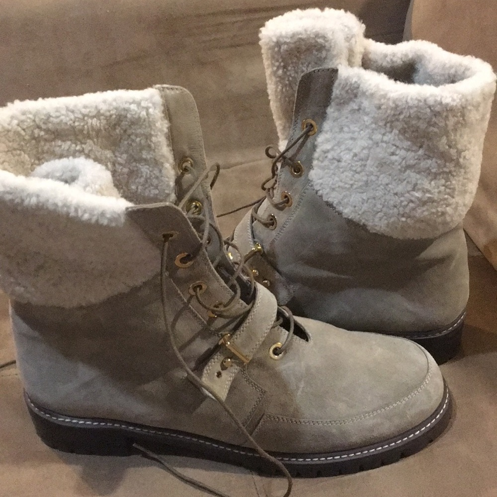 Lush faux-fur trim/lugged sole suede ankle boot.