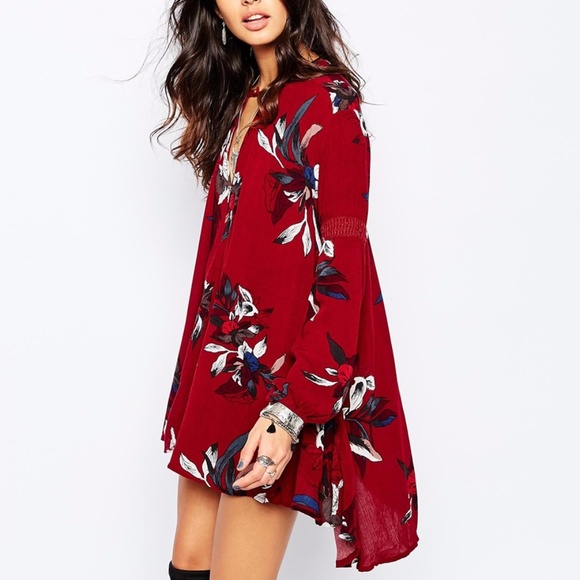 Free People Mini Swing Tunic Dress, Red Floral - Picture 2 of 3