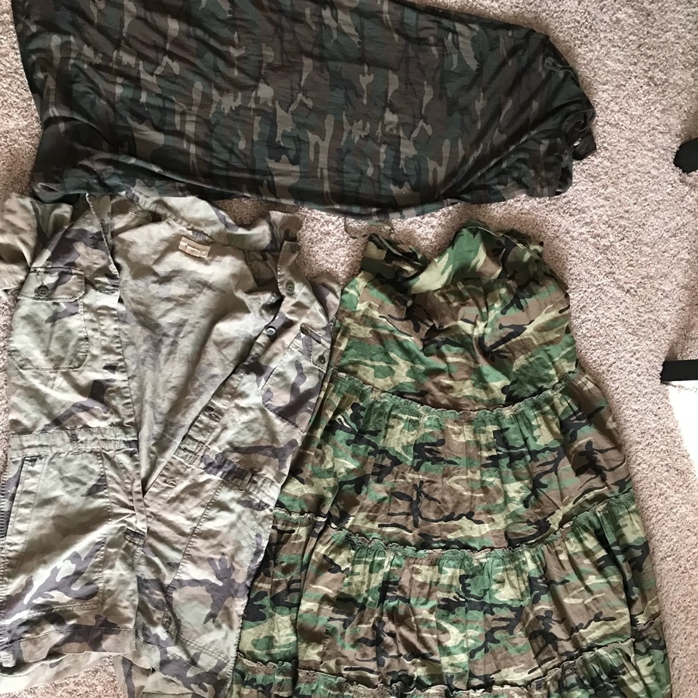 2 camouflage maxi dresses and 1 camouflage shorts