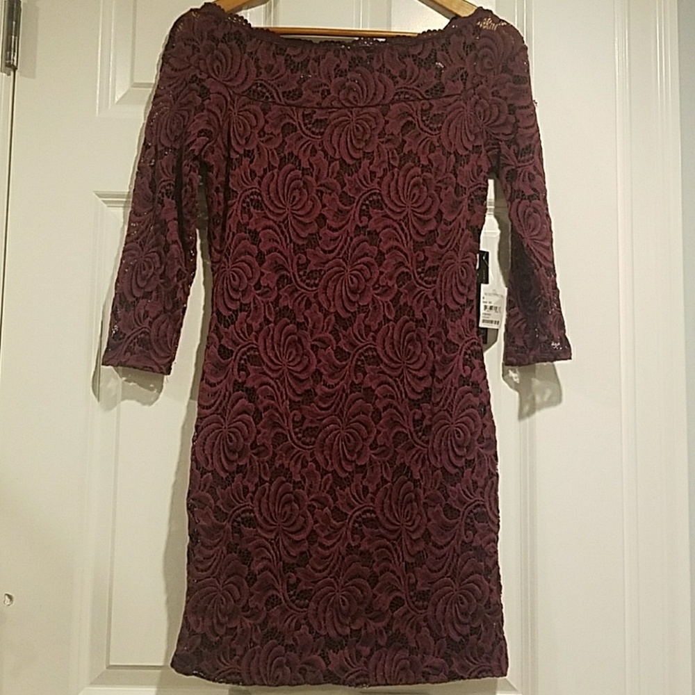AS U WISH Wine Floral Lace Fitted Dress