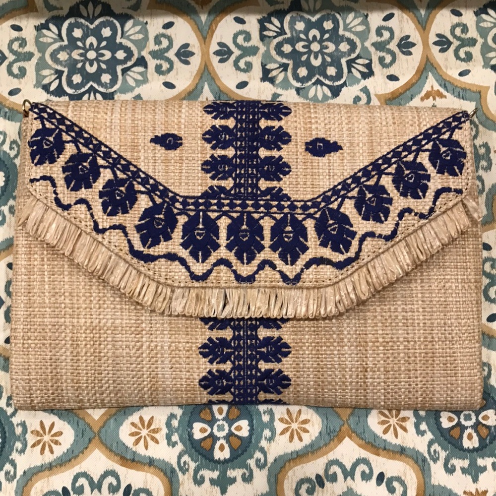 Stella & Dot Indigo Embroidered City Slim Clutch