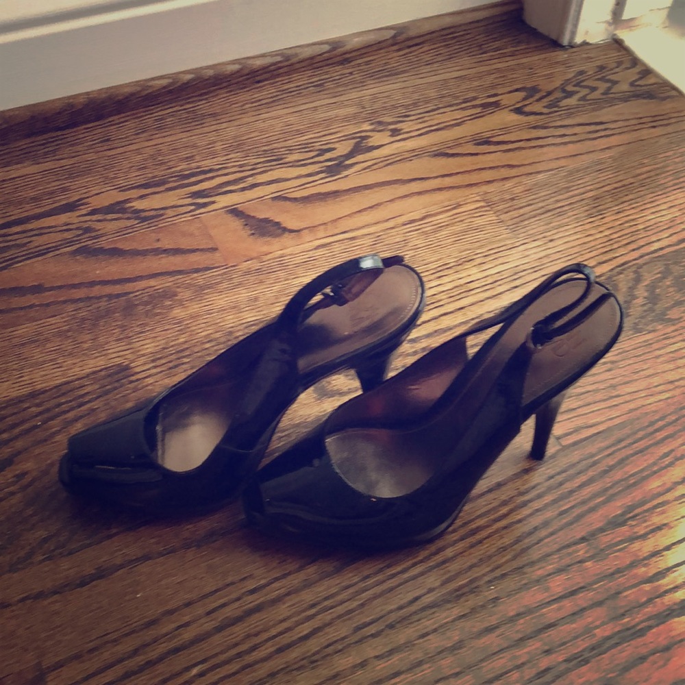 Joan and David Black patent sling back shoes
