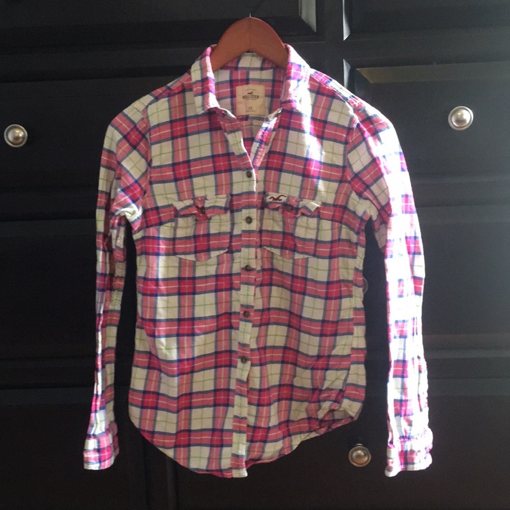 Hollister XS Pink & white flannel