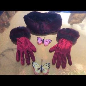 Red hot faux fur headband & gloves set
