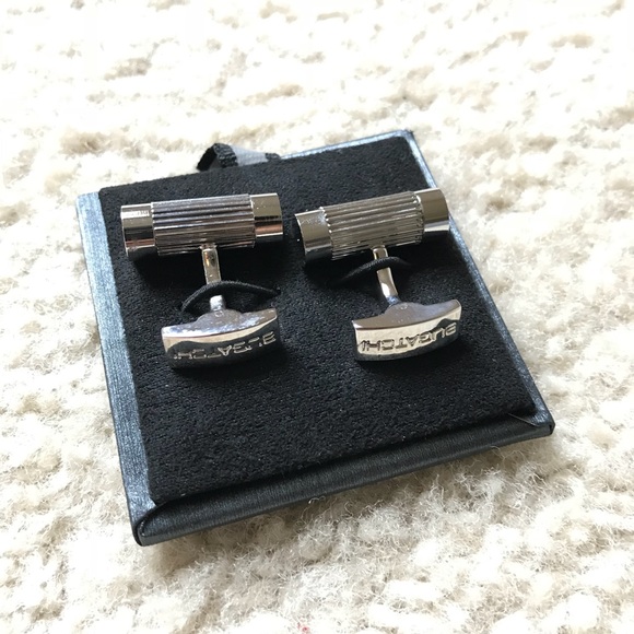 BUGATCHI UOMO SILVER-TONE RED MODERN STRIPE CUFFLINKS  New Bugatchi Rhodium Plated Silver Cuff Links