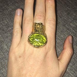 YSL Arty Oval Ring with Green Stone & Gold-Toned
