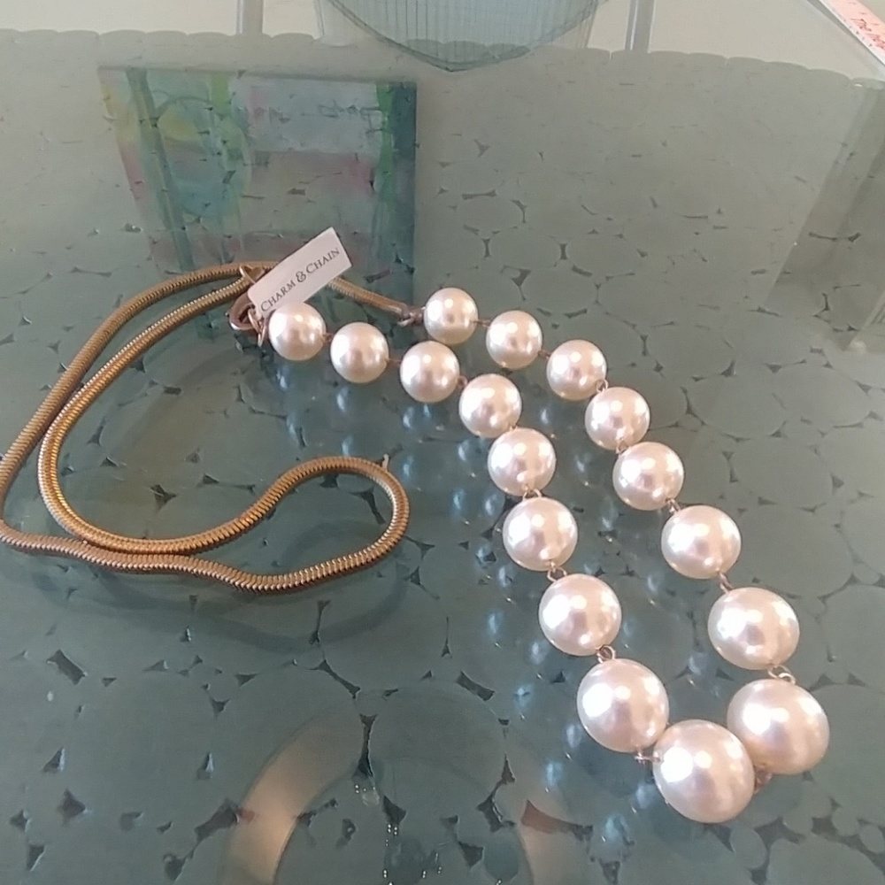 NWT CHARM AND CHAIN PEARL AND GOLD NECKLACE