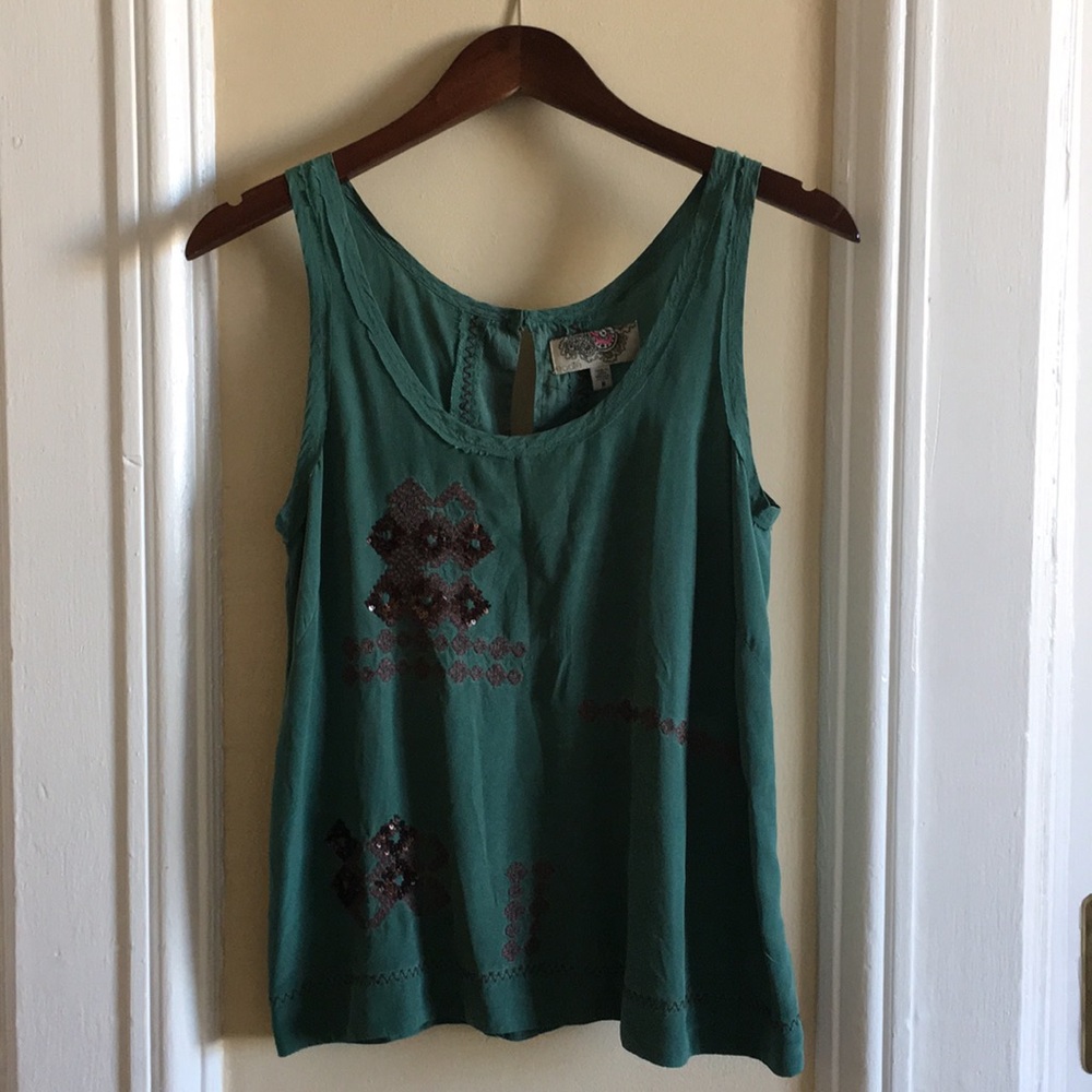 Bohemian, soft green silk top with stunning detail